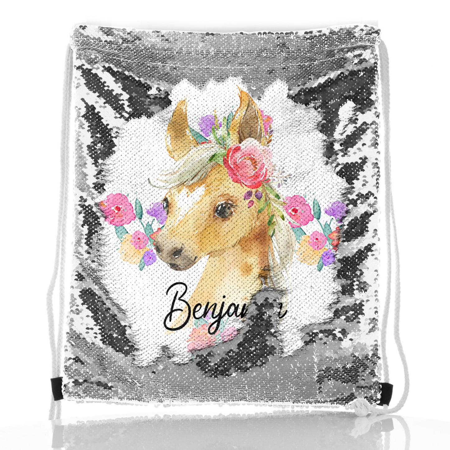 Personalised Sequin Drawstring Backpack with Palomino Horse Multicolour Flower Print and Cute Text