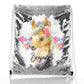 Personalisierter Pailletten-Rucksack mit Kordelzug, mehrfarbigem Palomino-Pferd-Blumendruck und süßem Text