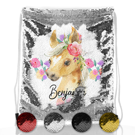 Personalised Sequin Drawstring Backpack with Palomino Horse Multicolour Flower Print and Cute Text
