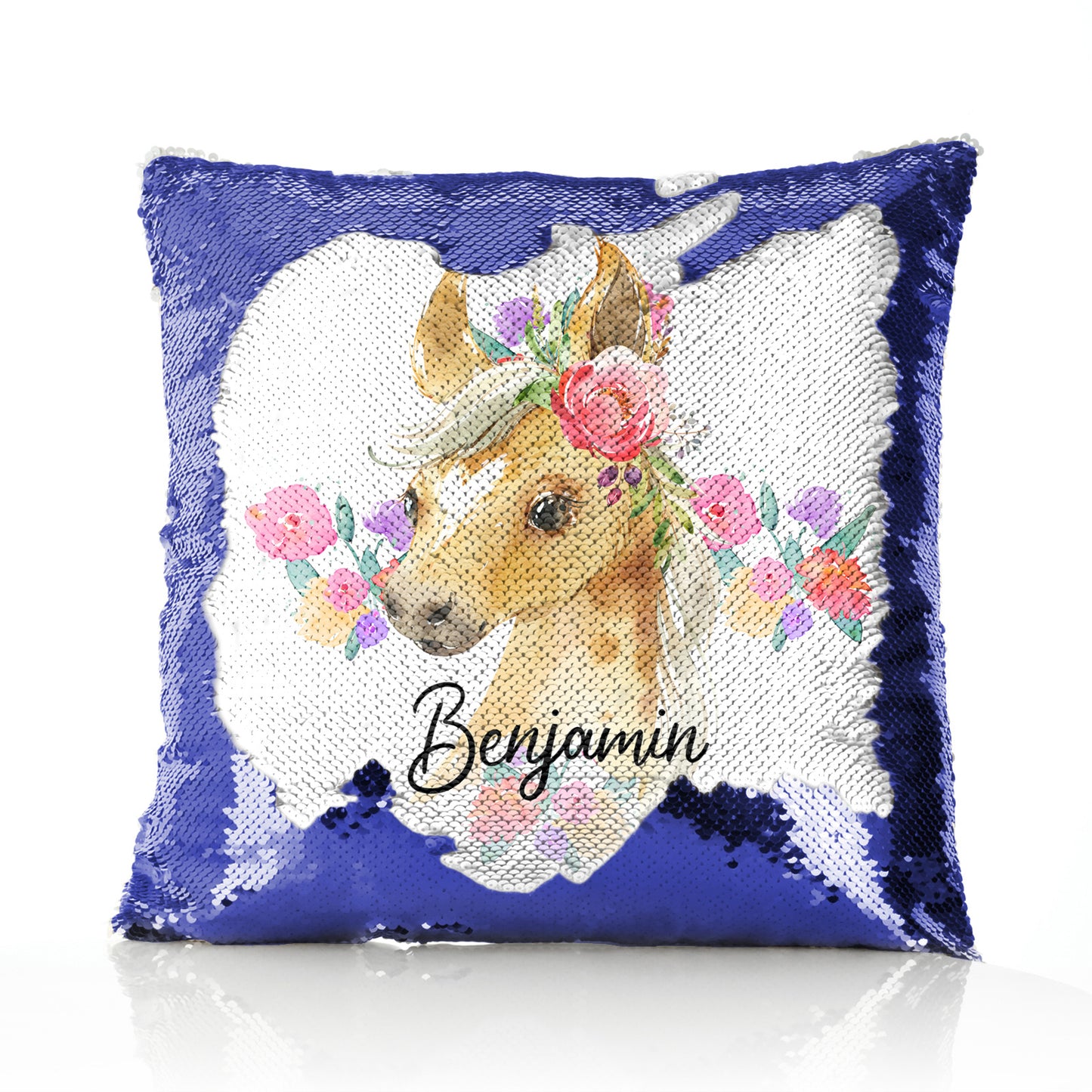 Personalised Sequin Cushion with Palomino Horse Multicolour Flower Print and Cute Text