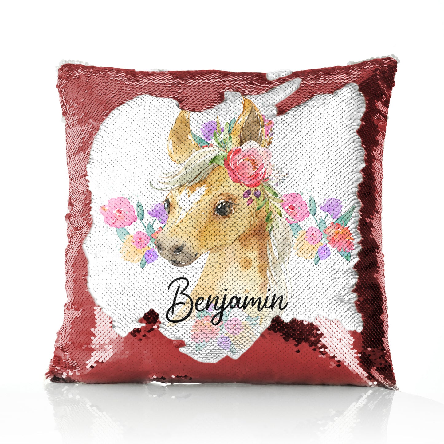 Personalised Sequin Cushion with Palomino Horse Multicolour Flower Print and Cute Text