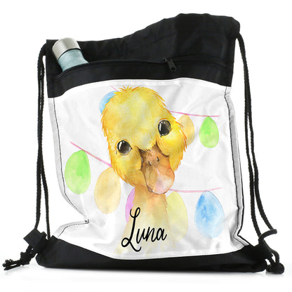Personalised Yellow Duck Buntin and Name Black Drawstring Backpack