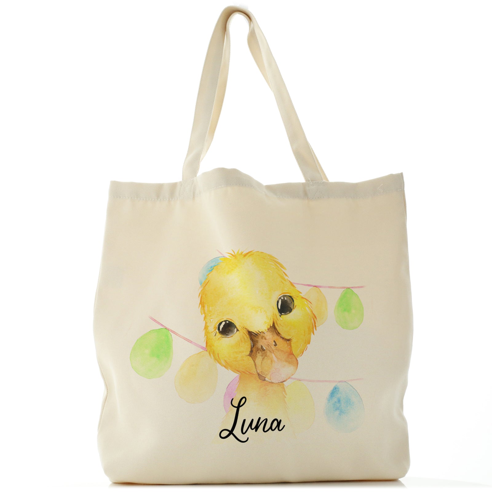 Personalised Canvas Tote Bag with Yellow Duck Multicolour Buntin and Cute Text