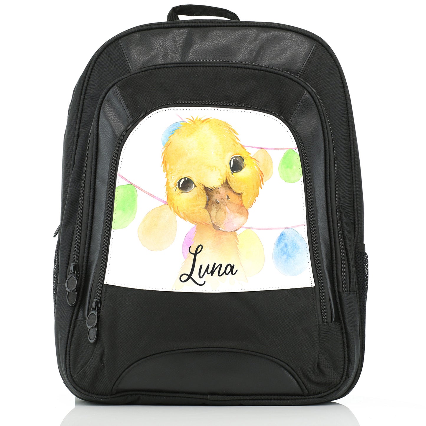 Personalised Large Multifunction Backpack with Yellow Duck Multicolour Buntin and Cute Text