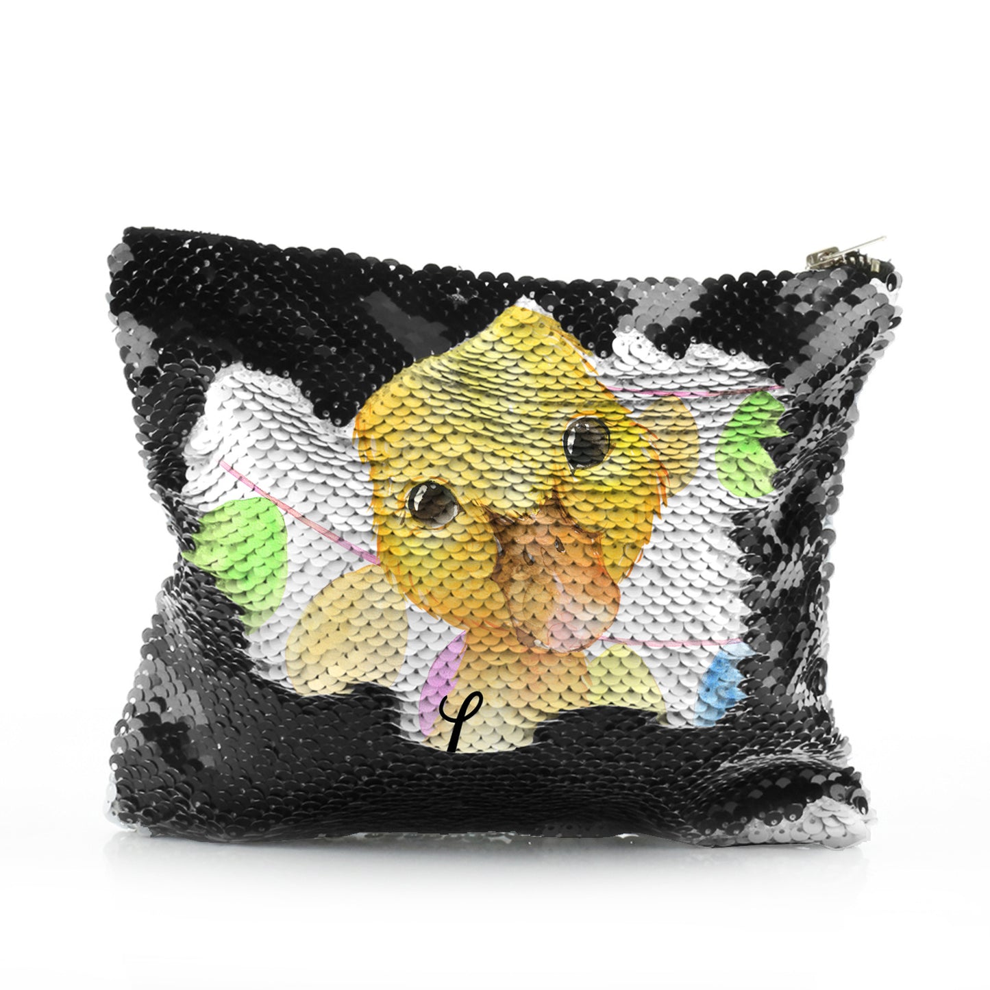 Personalised Sequin Zip Bag with Yellow Duck Multicolour Buntin and Cute Text
