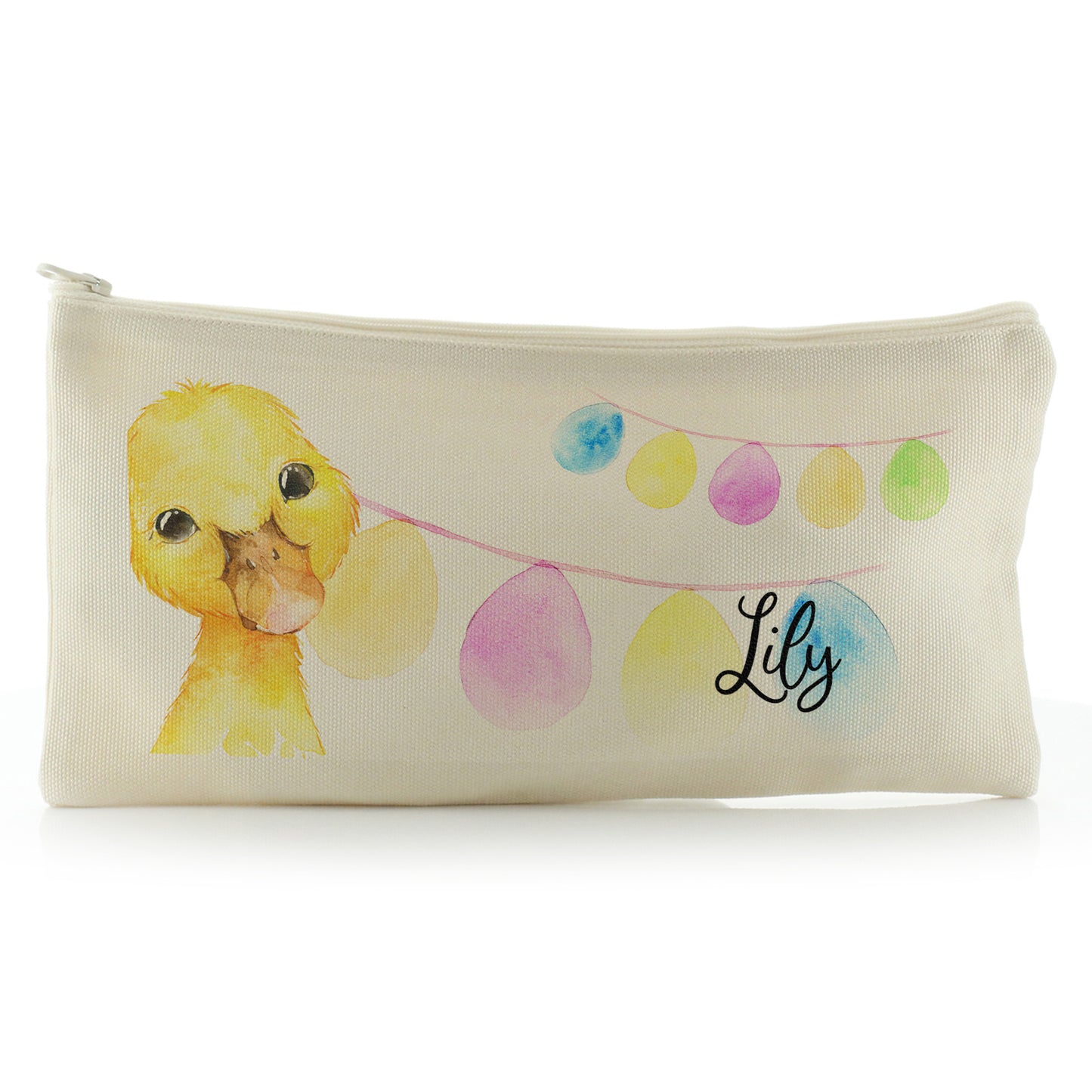 Personalised Canvas Zip Bag with Yellow Duck Multicolour Buntin and Cute Text