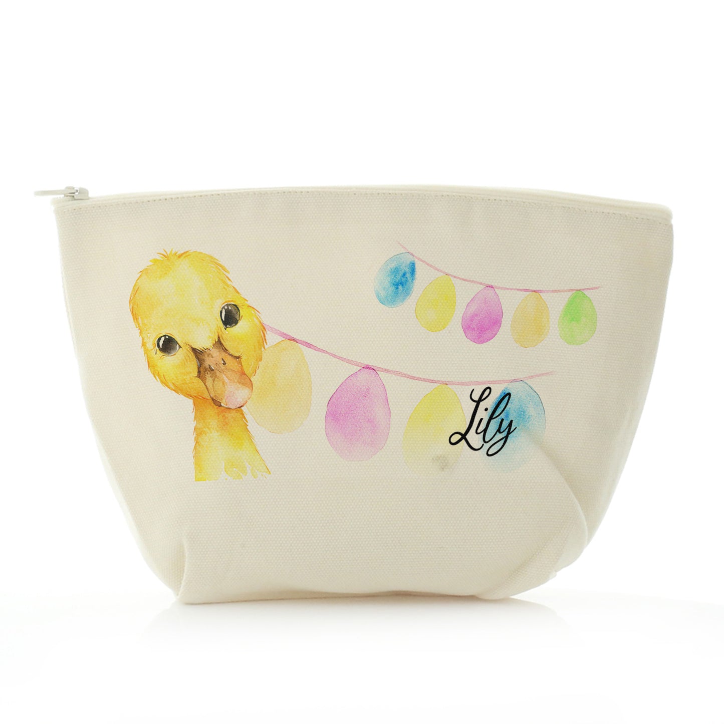 Personalised Canvas Zip Bag with Yellow Duck Multicolour Buntin and Cute Text