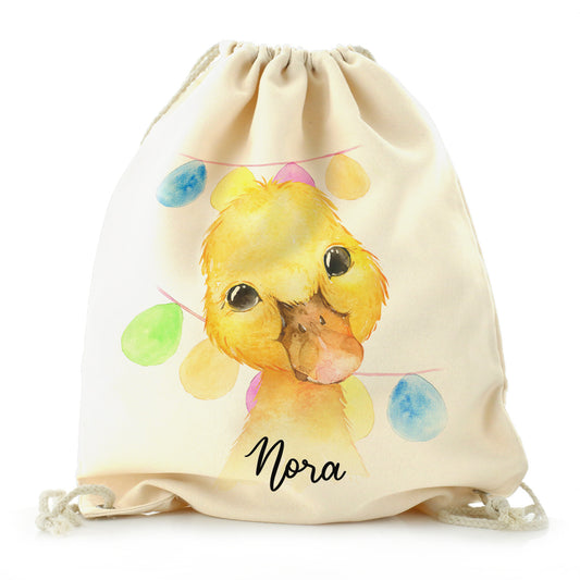 Personalised Canvas Drawstring Backpack with Yellow Duck Multicolour Buntin and Cute Text
