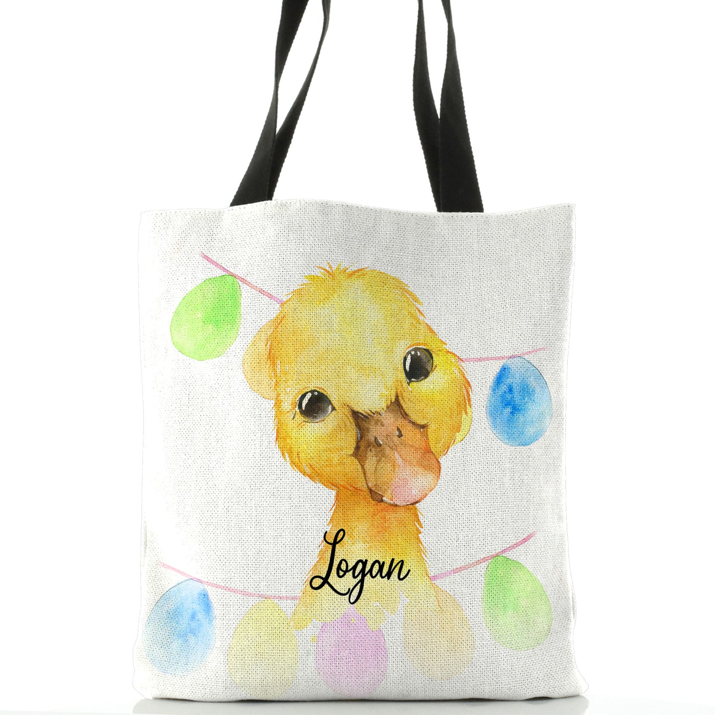 Personalised White Tote Bag with Yellow Duck Multicolour Buntin and Cute Text