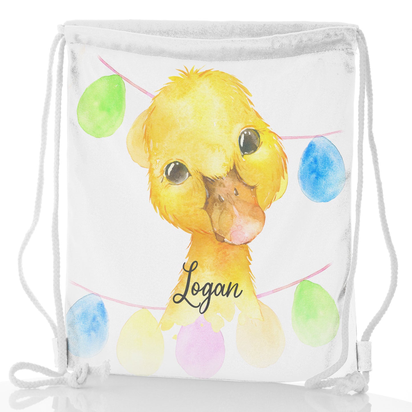 Personalised Glitter Drawstring Backpack with Yellow Duck Multicolour Buntin and Cute Text