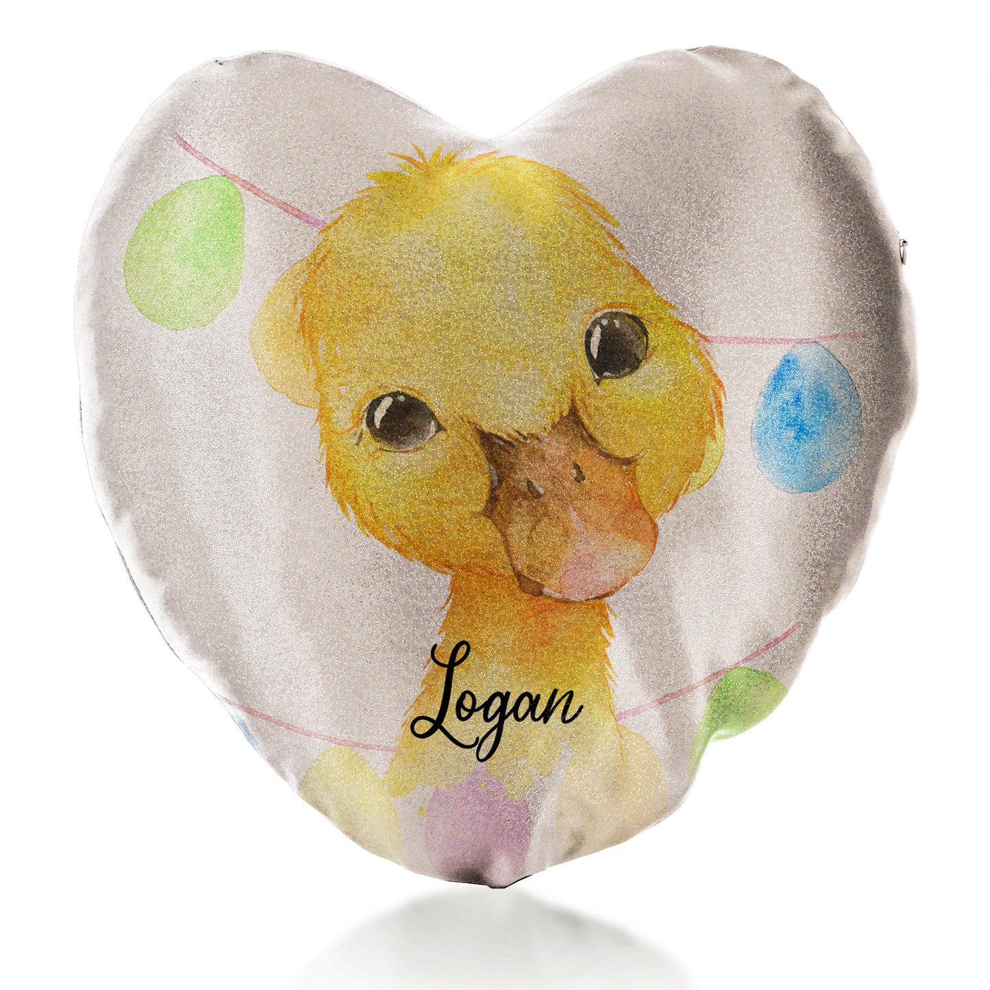 Personalised Glitter Heart Cushion with Yellow Duck Multicolour Buntin and Cute Text