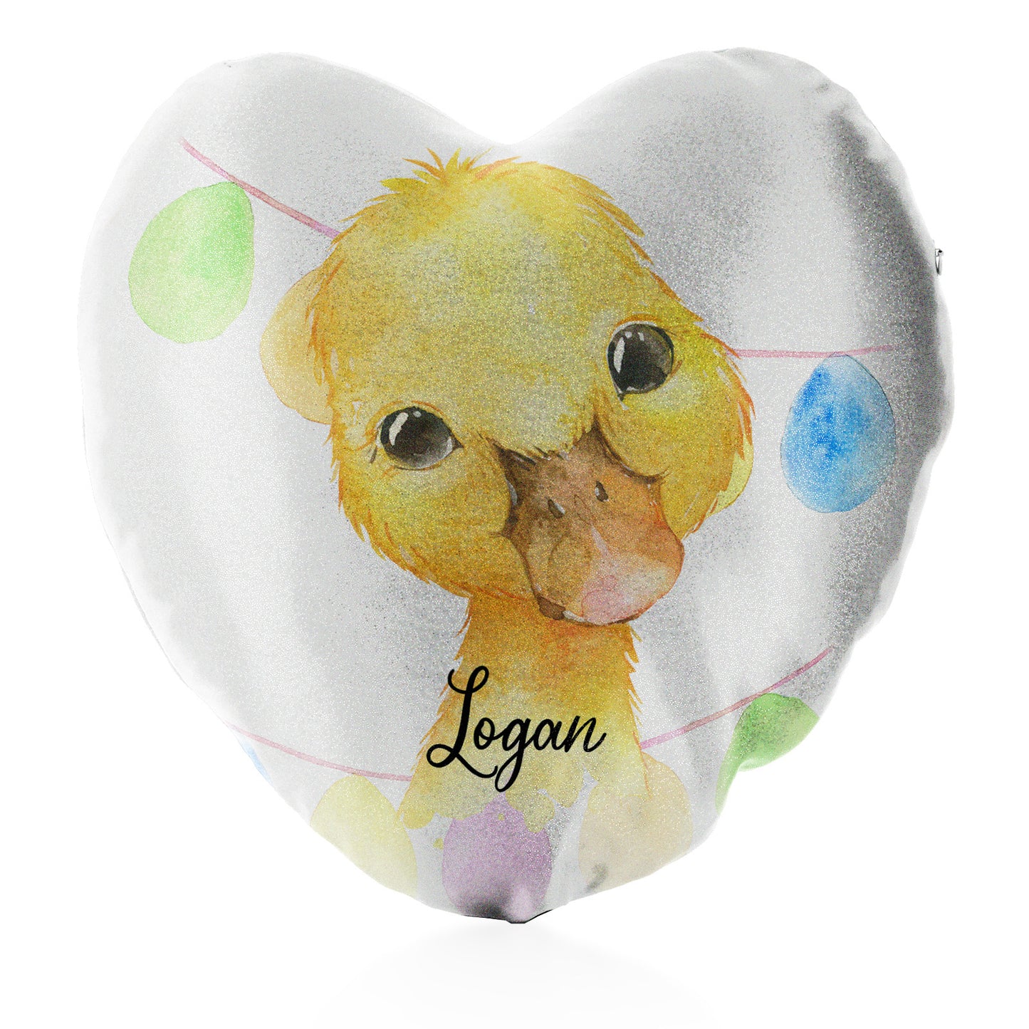 Personalised Glitter Heart Cushion with Yellow Duck Multicolour Buntin and Cute Text