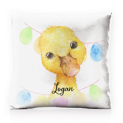 Personalised Glitter Cushion with Yellow Duck Multicolour Buntin and Cute Text