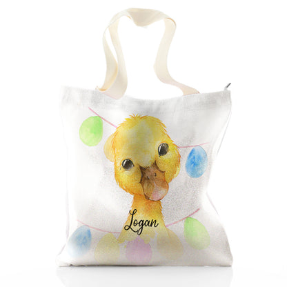 Personalised Glitter Tote Bag with Yellow Duck Multicolour Buntin and Cute Text