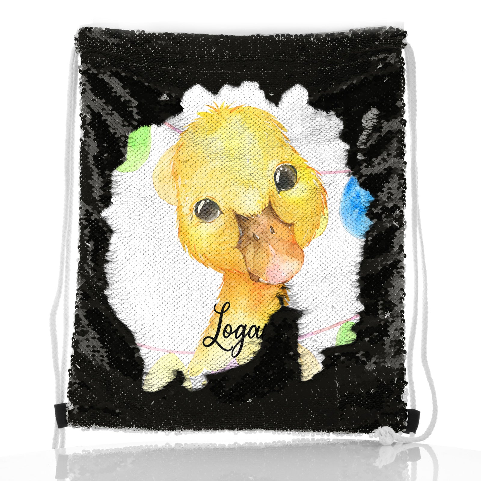 Hairyworm Personalised Sequin Drawstring Backpack with Yellow Duck Multicolour Buntin and Cute Text