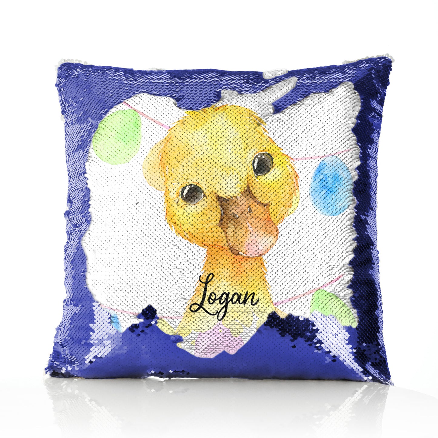 Personalised Sequin Cushion with Yellow Duck Multicolour Buntin and Cute Text