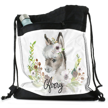 Personalised Donkey Pink Glitter Flowers and Name Black Drawstring Backpack
