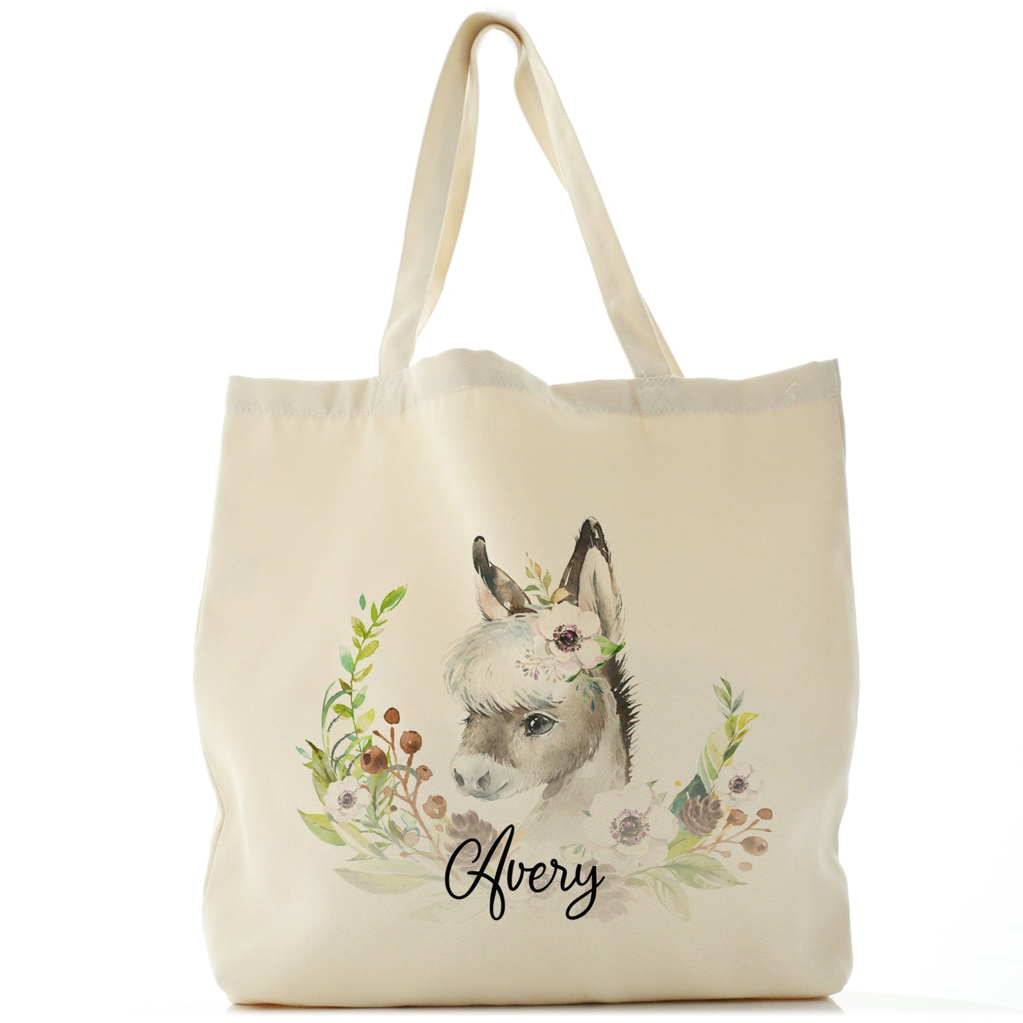 Personalised Canvas Tote Bag with Grey Donkey Pink and White Flowers and Cute Text