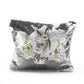 Personalisierte Pailletten-Reißverschlusstasche mit grauen Esel-Rosa- und weißen Blumen und süßem Text