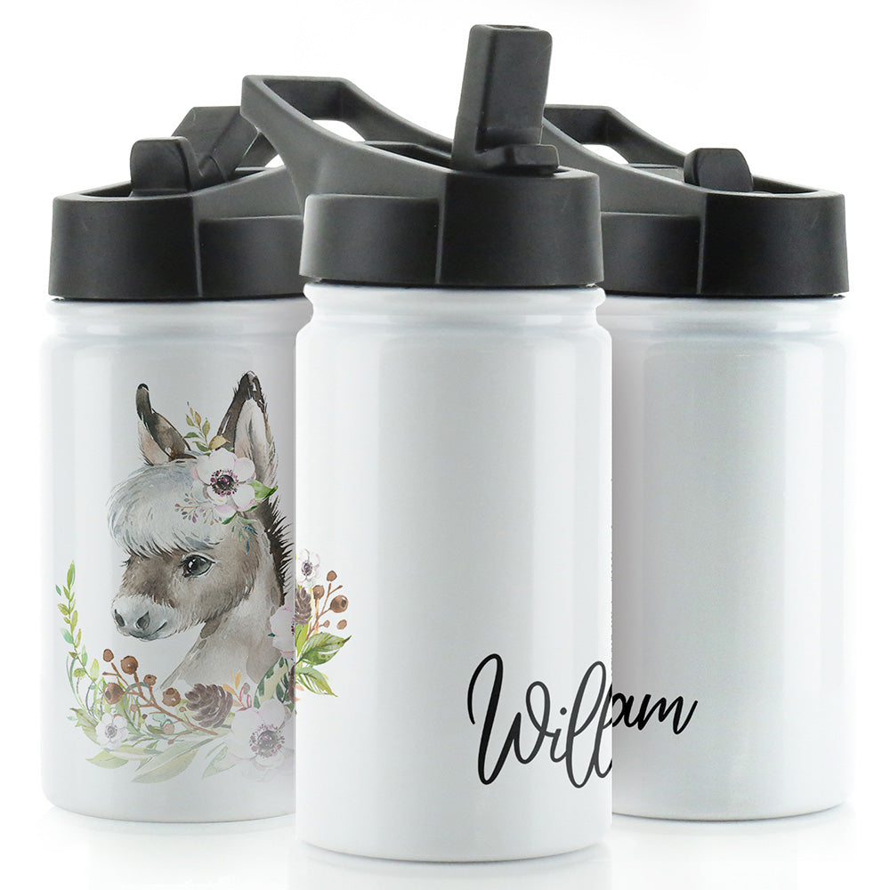 Personalised Donkey Pink Flowers and Name White Sports Flask