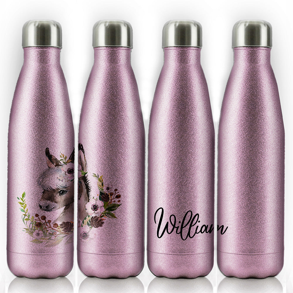 Personalised Donkey Pink Glitter Flowers and Name Cola Bottle