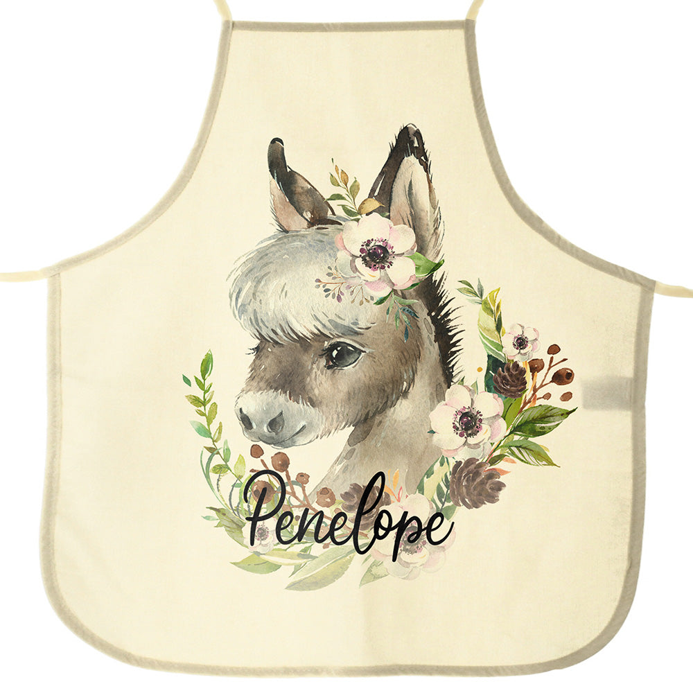 Personalised Canvas Apron with Donkey Pink Flowers and Name Design