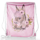 Personalised Glitter Drawstring Backpack with Grey Donkey Pink and White Flowers and Cute Text