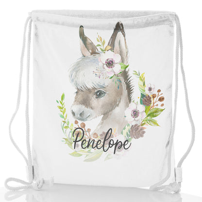 Personalised Glitter Drawstring Backpack with Grey Donkey Pink and White Flowers and Cute Text