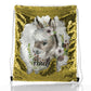 Personalisierter Pailletten-Rucksack mit Kordelzug, grauen Eselrosa- und weißen Blumen und süßem Text