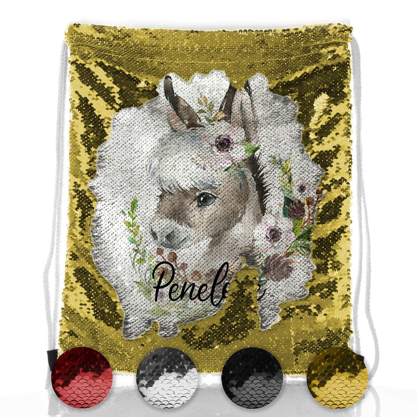 Personalised Sequin Drawstring Backpack with Grey Donkey Pink and White Flowers and Cute Text