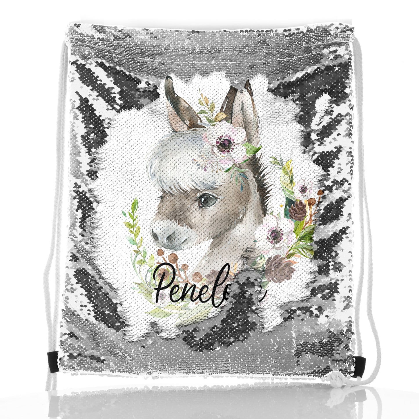 Personalised Sequin Drawstring Backpack with Grey Donkey Pink and White Flowers and Cute Text