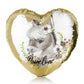 Personalisiertes Pailletten-Herzkissen mit grauen Esel-Blumen in Rosa und Weiß und süßem Text