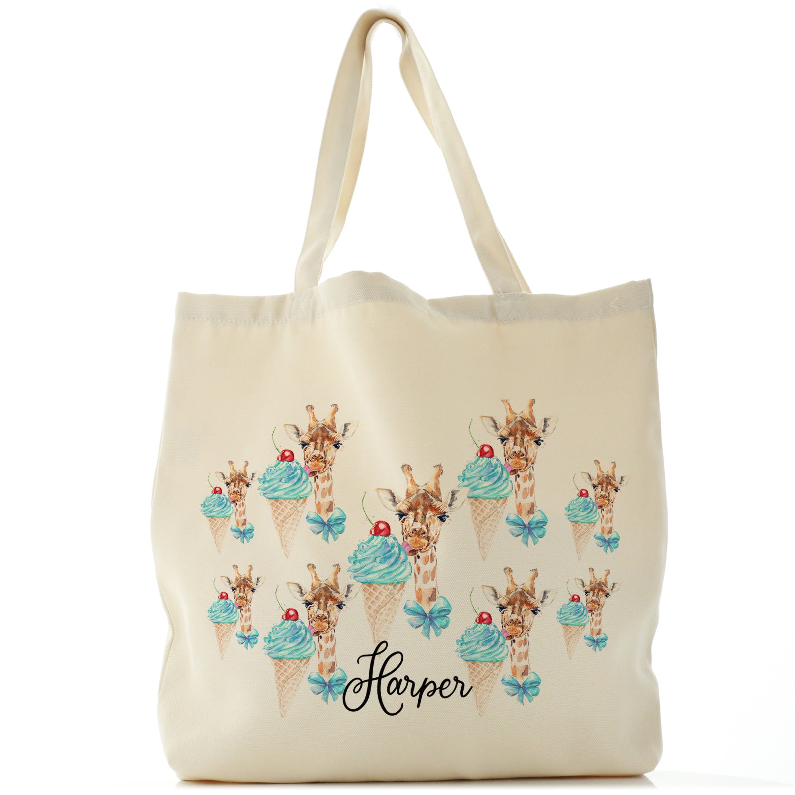 Personalised Canvas Tote Bag with Giraffe Blue Ice creams and Cute Text