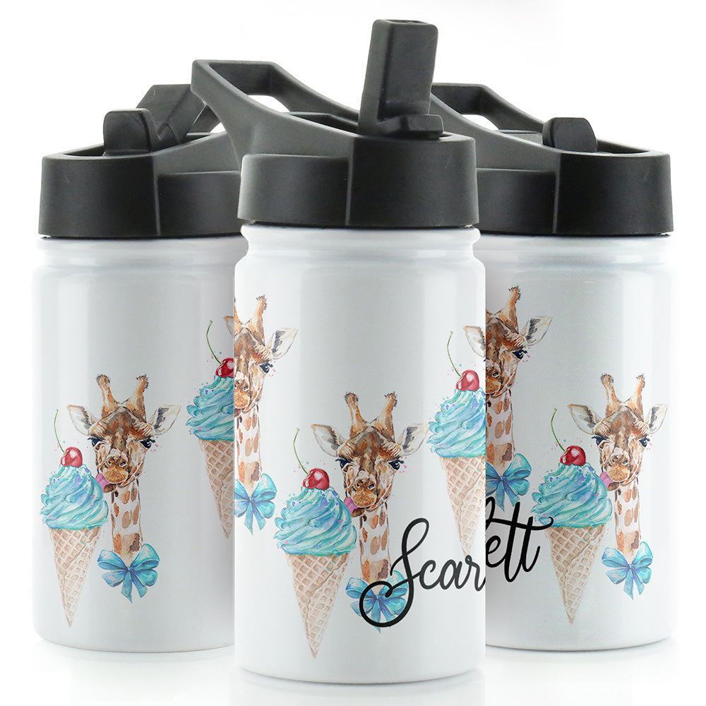 Personalised Giraffe Ice creams and Name White Sports Flask