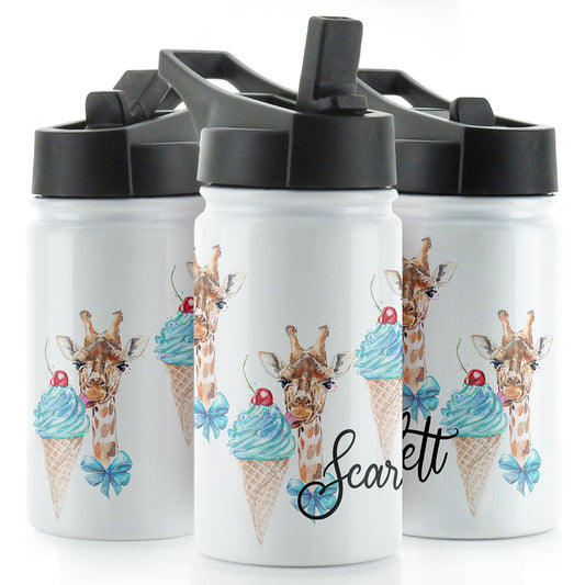 Personalisierte Giraffen-Eiscreme und Name White Sports Flask
