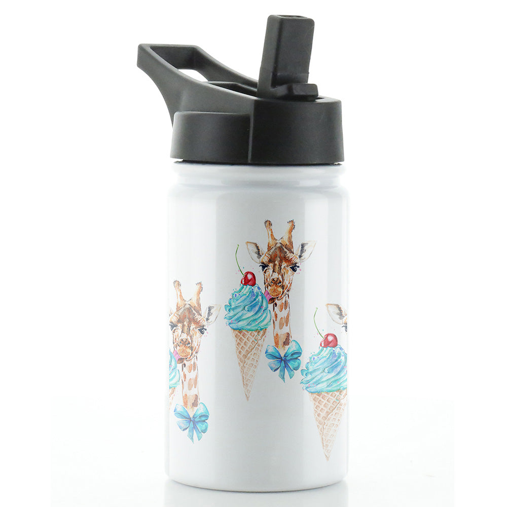 Personalised Giraffe Ice creams and Name White Sports Flask