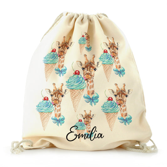 Personalised Canvas Drawstring Backpack with Giraffe Blue Ice creams and Cute Text