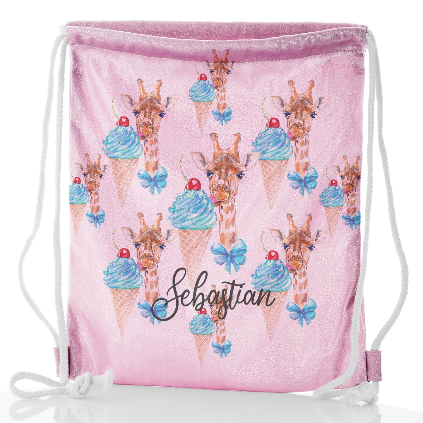 Personalisierter Glitzer-Rucksack mit Kordelzug, mit giraffeblauen Eiscremes und süßem Text