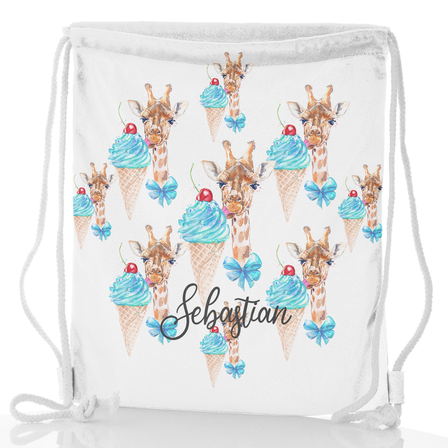 Personalised Glitter Drawstring Backpack with Giraffe Blue Ice creams and Cute Text