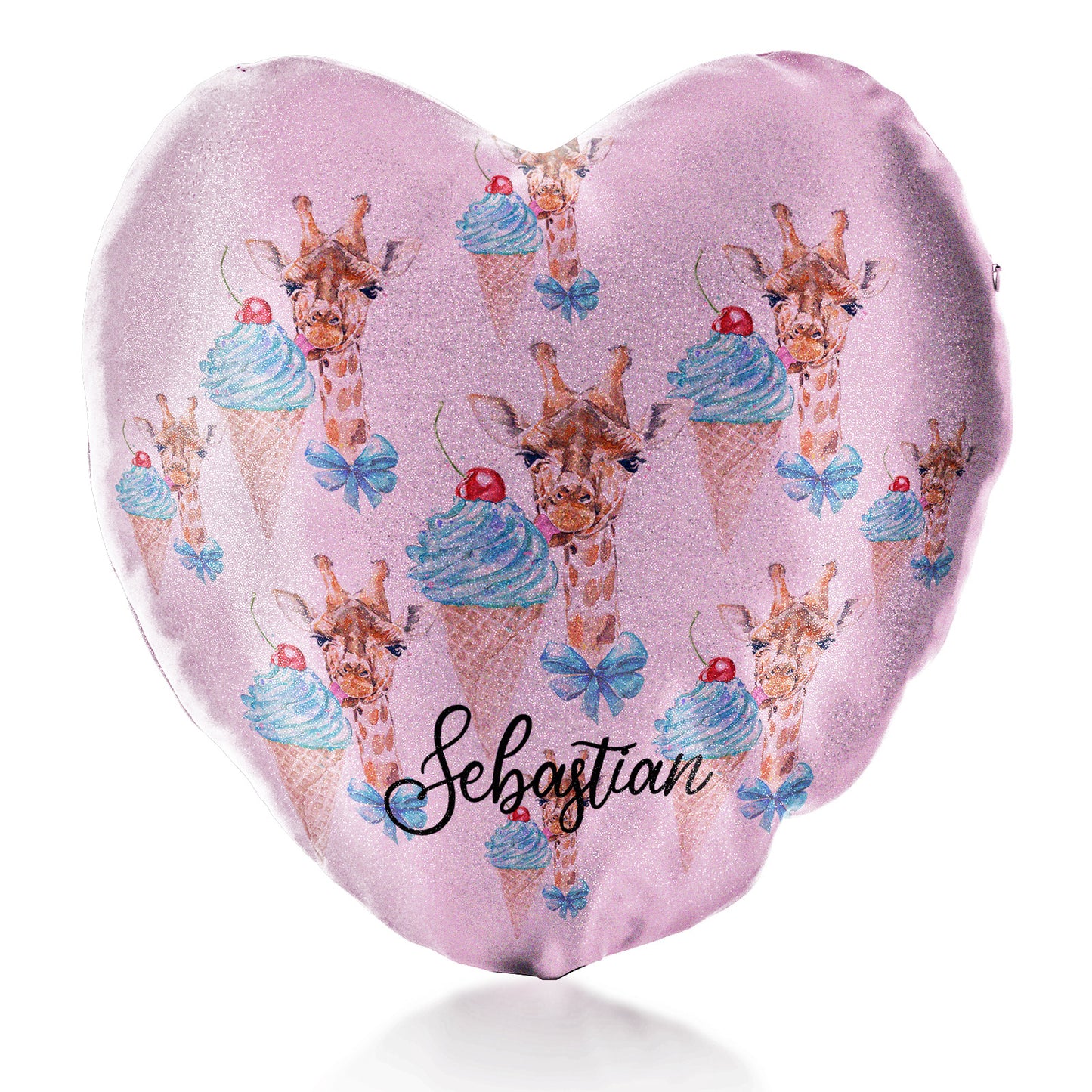 Personalised Glitter Heart Cushion with Giraffe Blue Ice creams and Cute Text