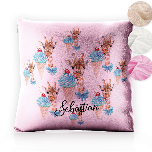 Personalised Glitter Cushion with Giraffe Blue Ice creams and Cute Text