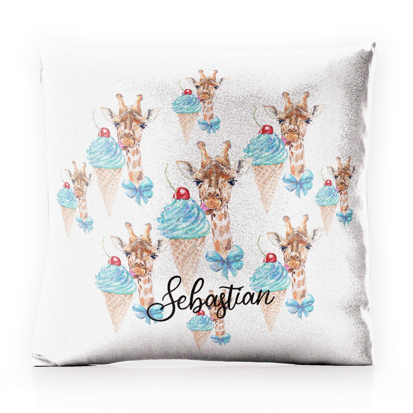 Personalised Glitter Cushion with Giraffe Blue Ice creams and Cute Text