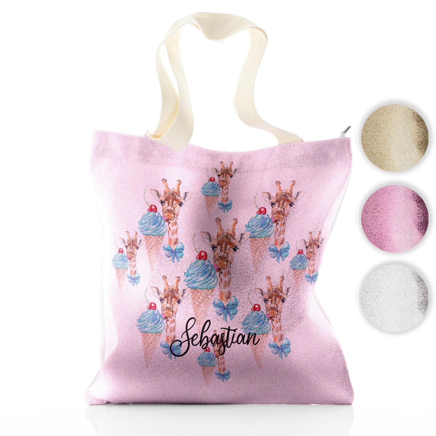 Personalised Glitter Tote Bag with Giraffe Blue Ice creams and Cute Text