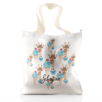 Personalisierte Glitzer-Einkaufstasche mit giraffeblauem Eis und süßem Text