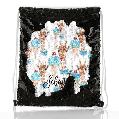 Personalised Sequin Drawstring Backpack with Giraffe Blue Ice creams and Cute Text