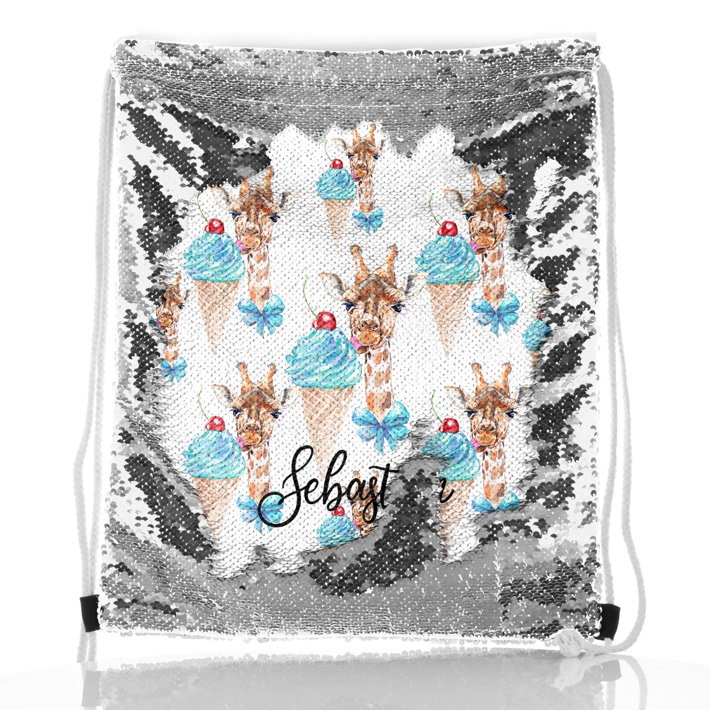 Personalised Sequin Drawstring Backpack with Giraffe Blue Ice creams and Cute Text