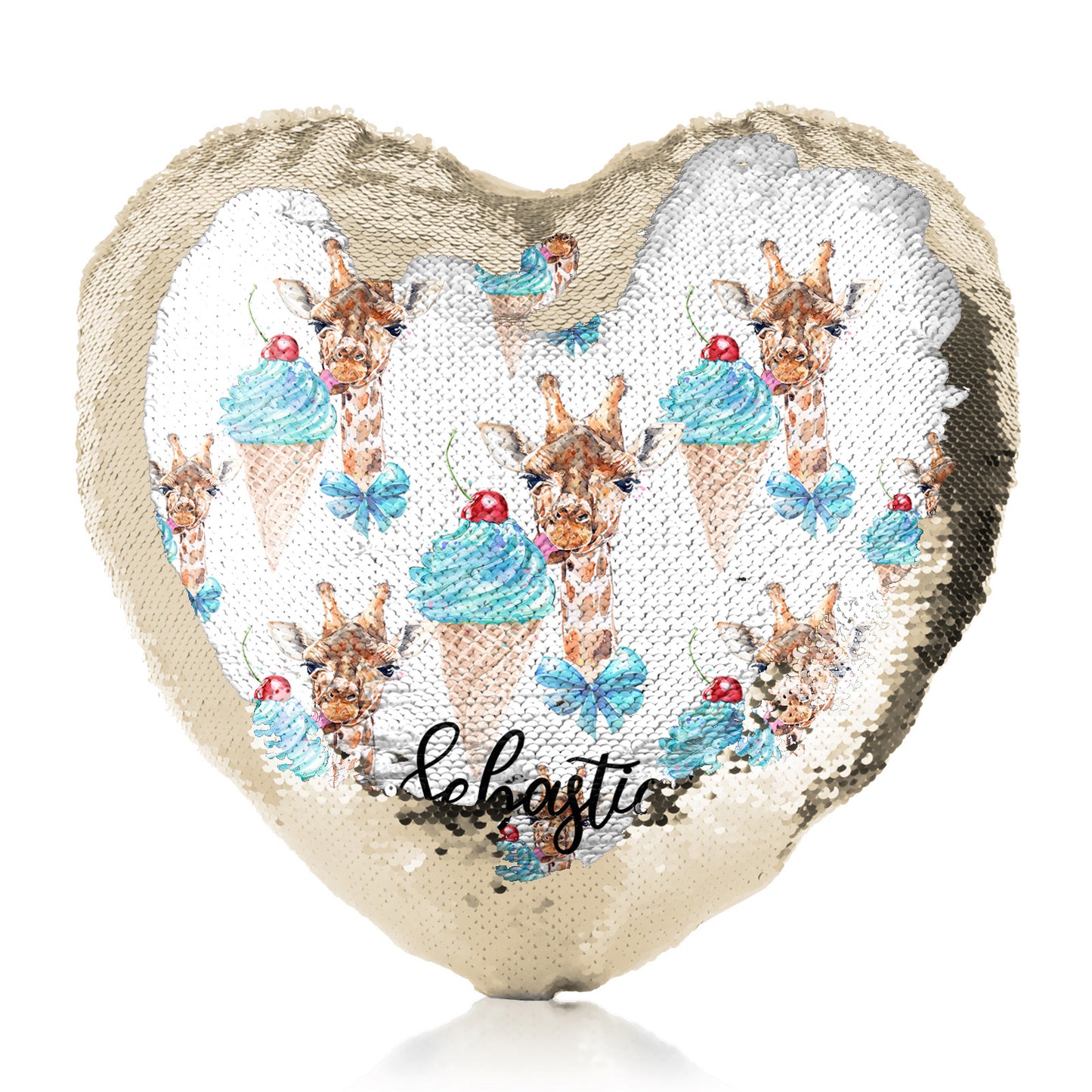 Personalised Sequin Heart Cushion with Giraffe Blue Ice creams and Cute Text