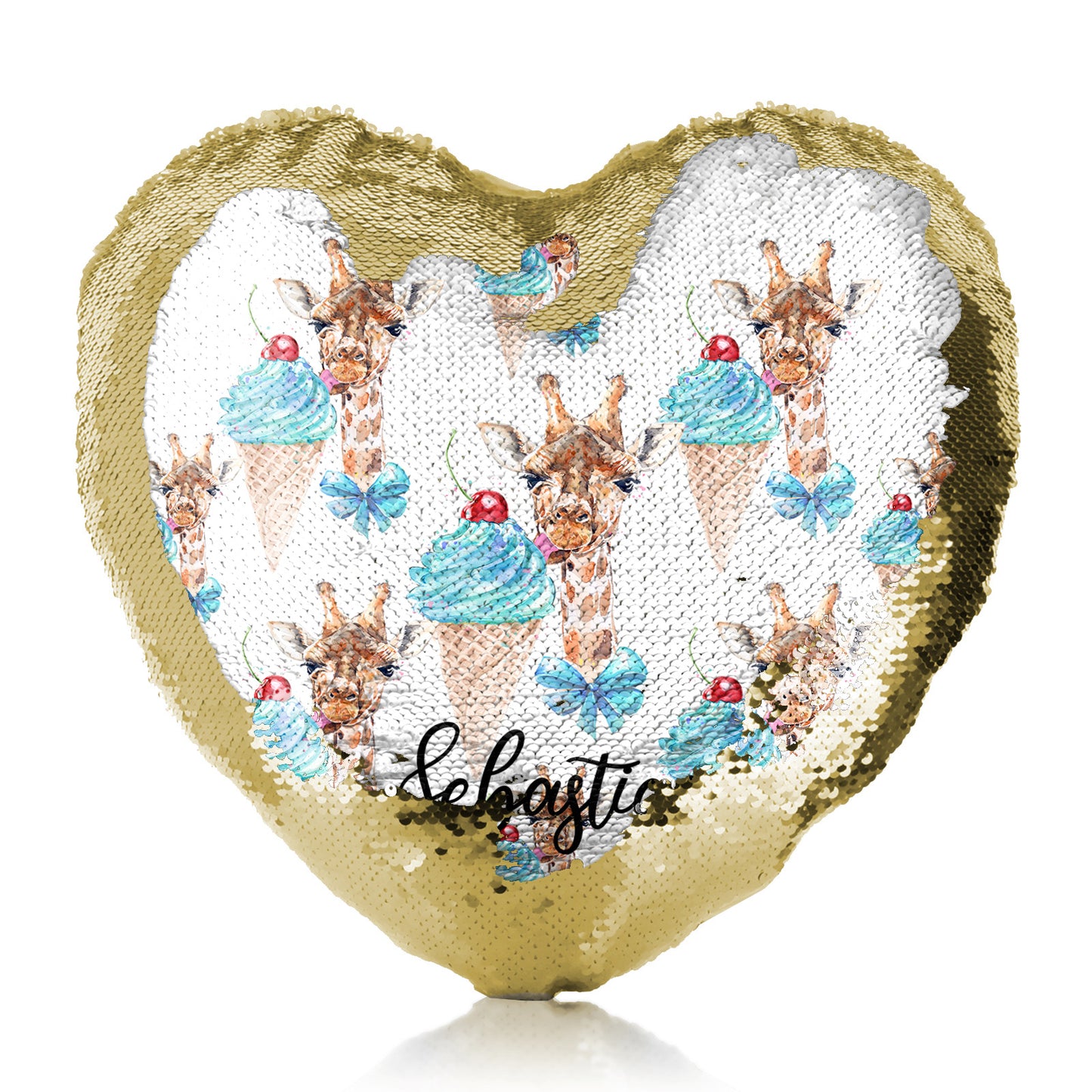 Personalisiertes Pailletten-Herzkissen mit giraffenblauen Eiscremes und süßem Text