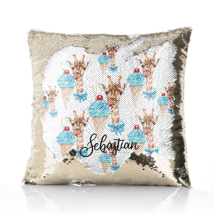 Personalised Sequin Cushion with Giraffe Blue Ice creams and Cute Text