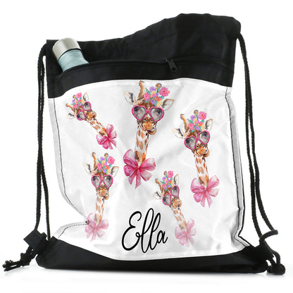 Personalised Giraffe Bow Flowers and Name Black Drawstring Backpack